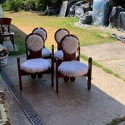 Set of 4 vintage dining chairs in brown pine and white fur by Szedleczky (1970s)