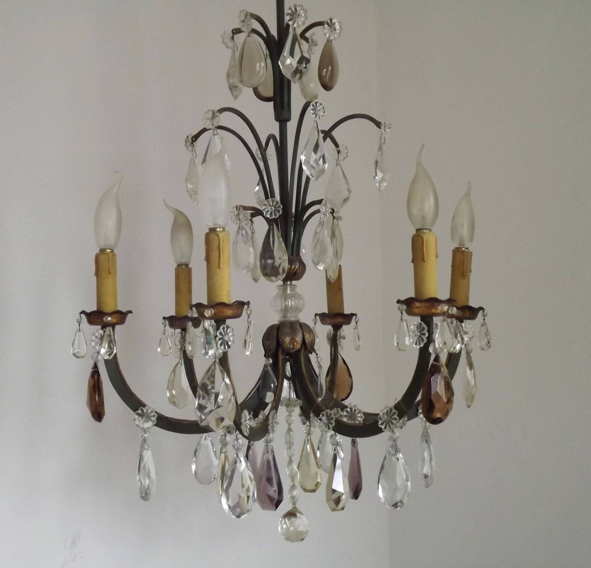 French Art Deco 6-Light Green Finish Bronze Crystal & Glass Chandelier 5343