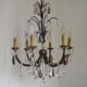 French Art Deco 6-Light Green Finish Bronze Crystal & Glass Chandelier 5343