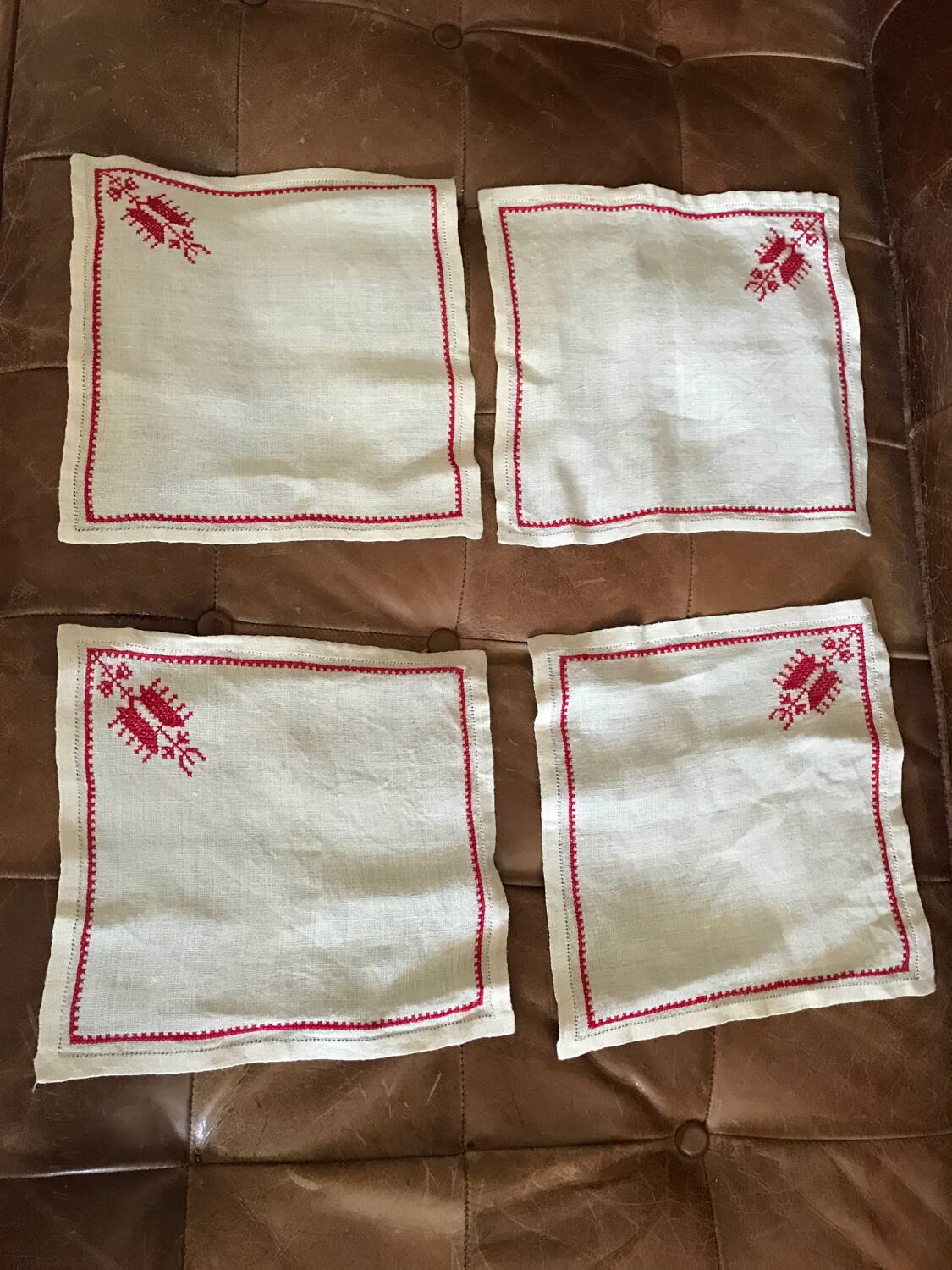 Hand embroidered linen tablecloth and napkins