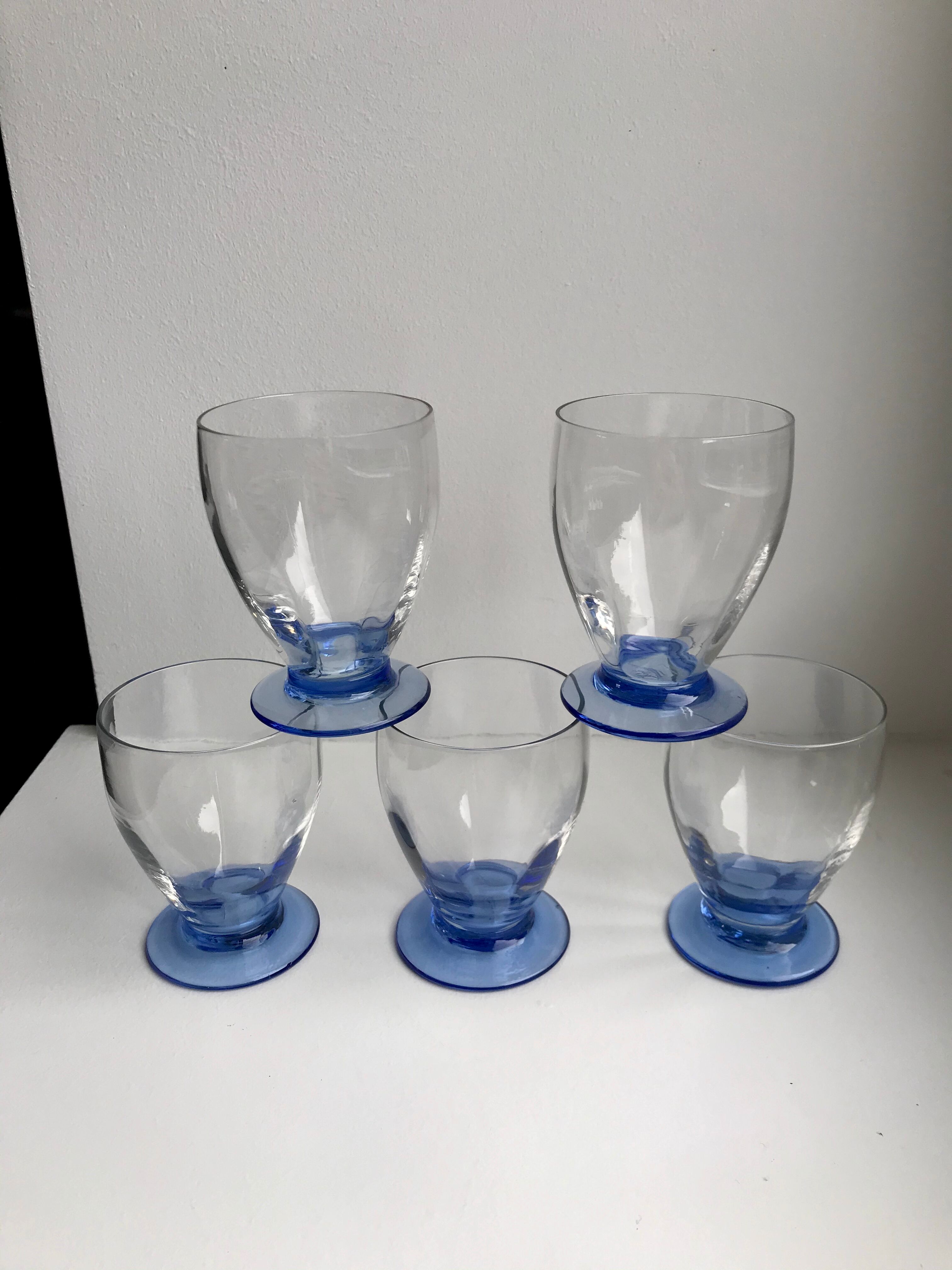 Set of 5 blue colored wine glasses 70s