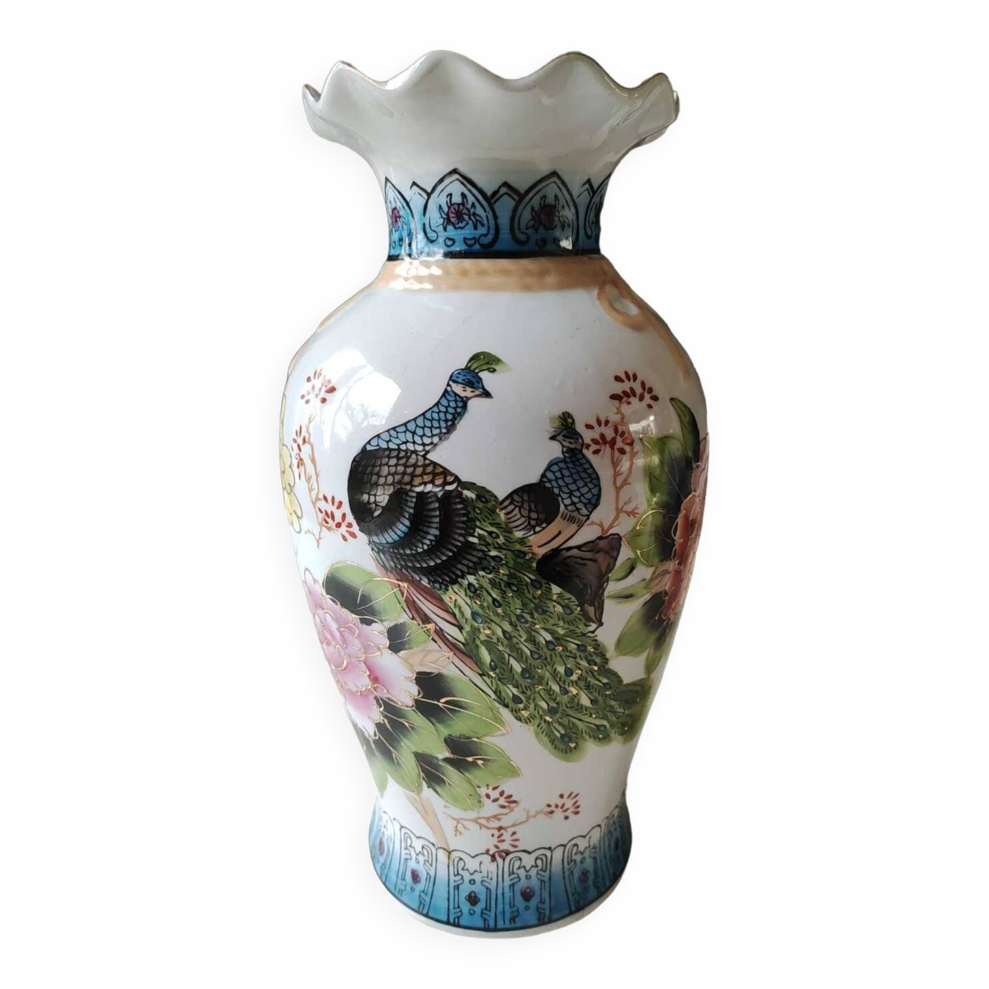 Chinese polychrome porcelain base. Peacock/birds of paradise designs. Corolla-shaped collar with ribbon. 30 x 15 cm