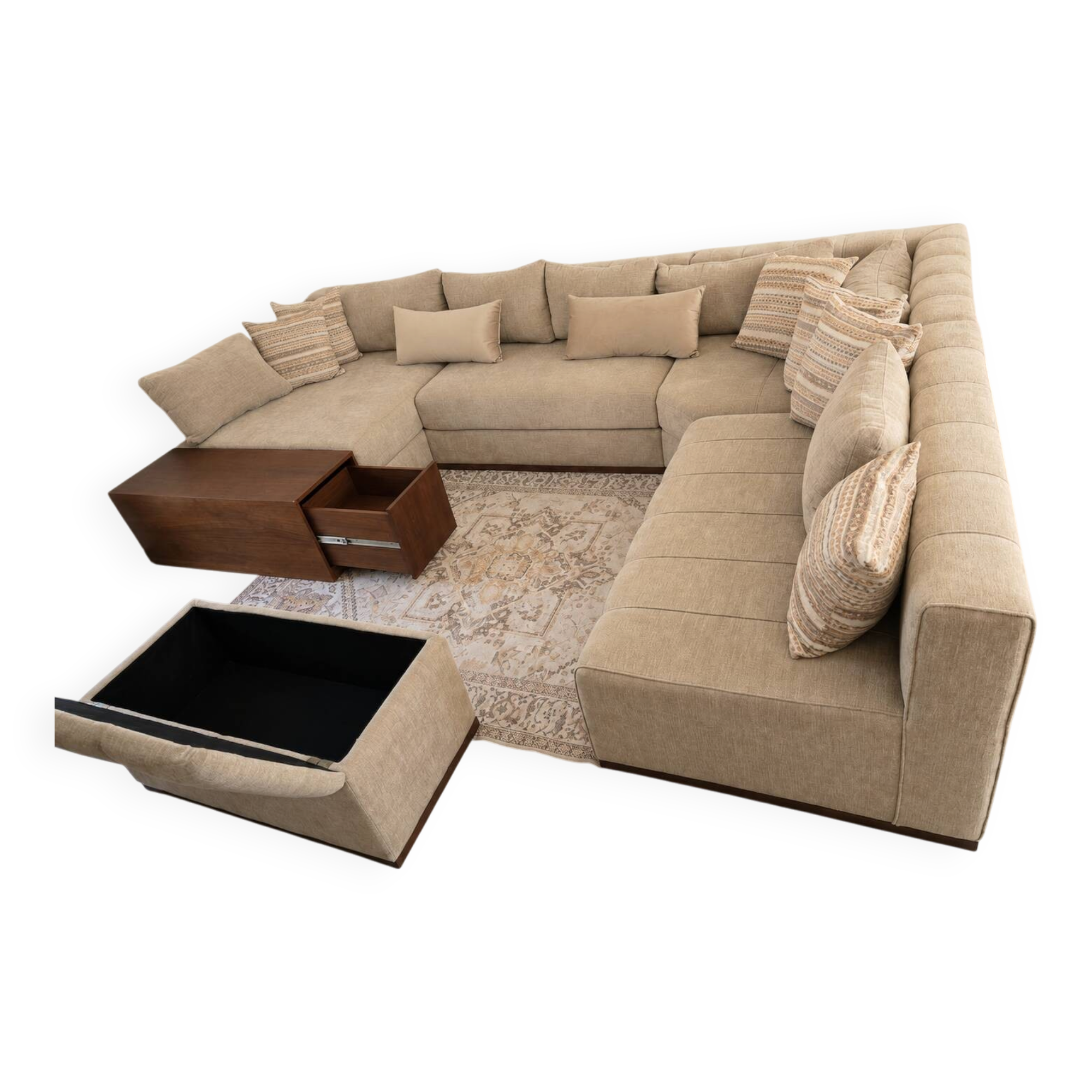 Custom XXL panoramic sofa - Solid walnut and premium fabric