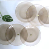 Set of 6 flat plates Arcoroc, in gray smoked glass, vintage French