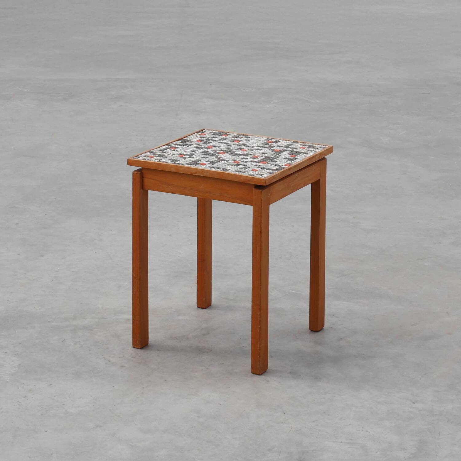 Vintage side table in pine wood tiled with mosaic, Belgium 1950s