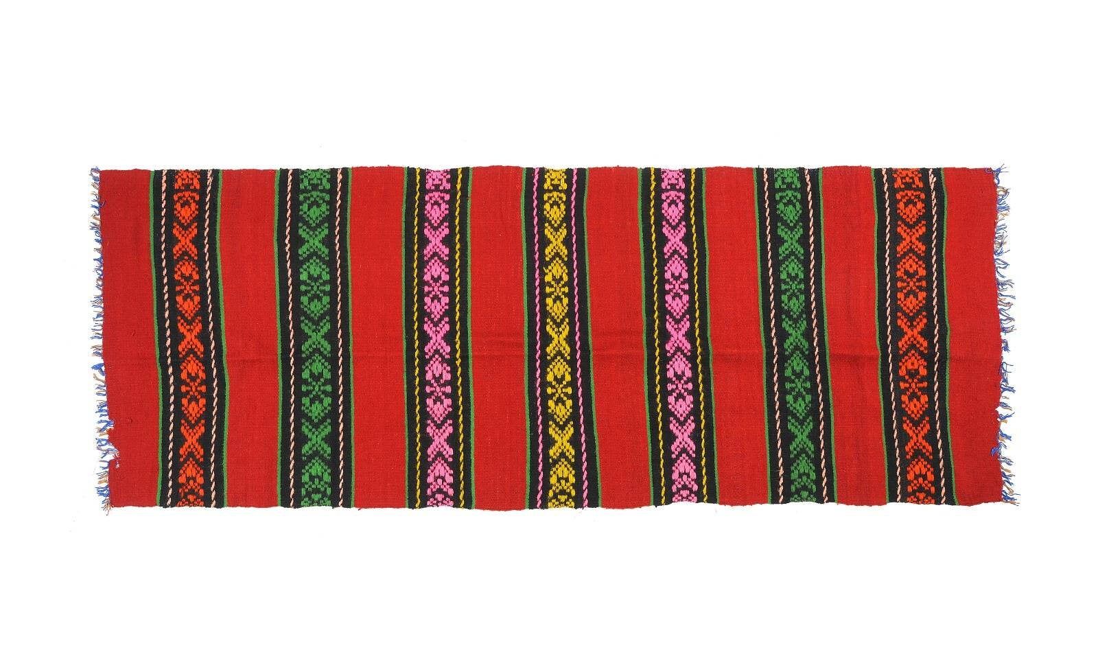 Red wool runner with stripes in bright colors , handwoven, Romania 220x80cm