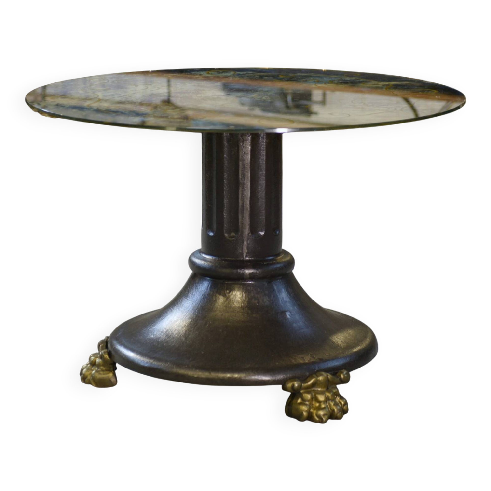 Table basse en fonte et verre églomisé néo-classique 1940’s