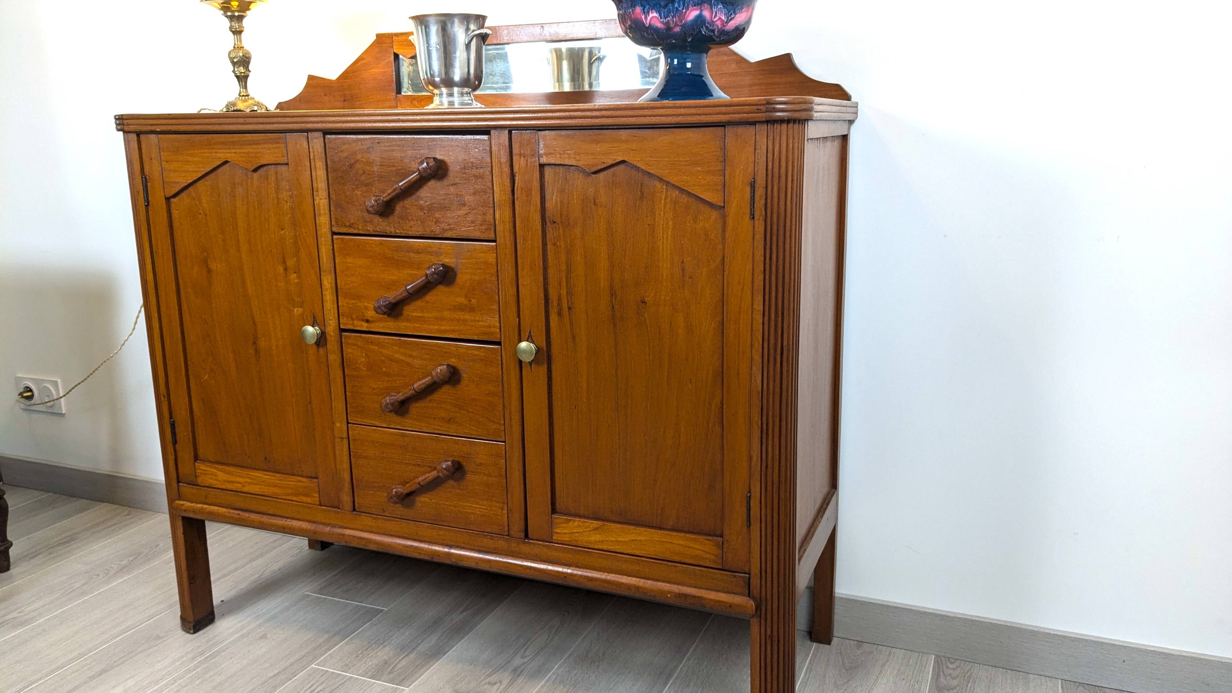 Art Deco mahogany sideboard – 4 drawers, 2 doors, beveled mirror, 1930s