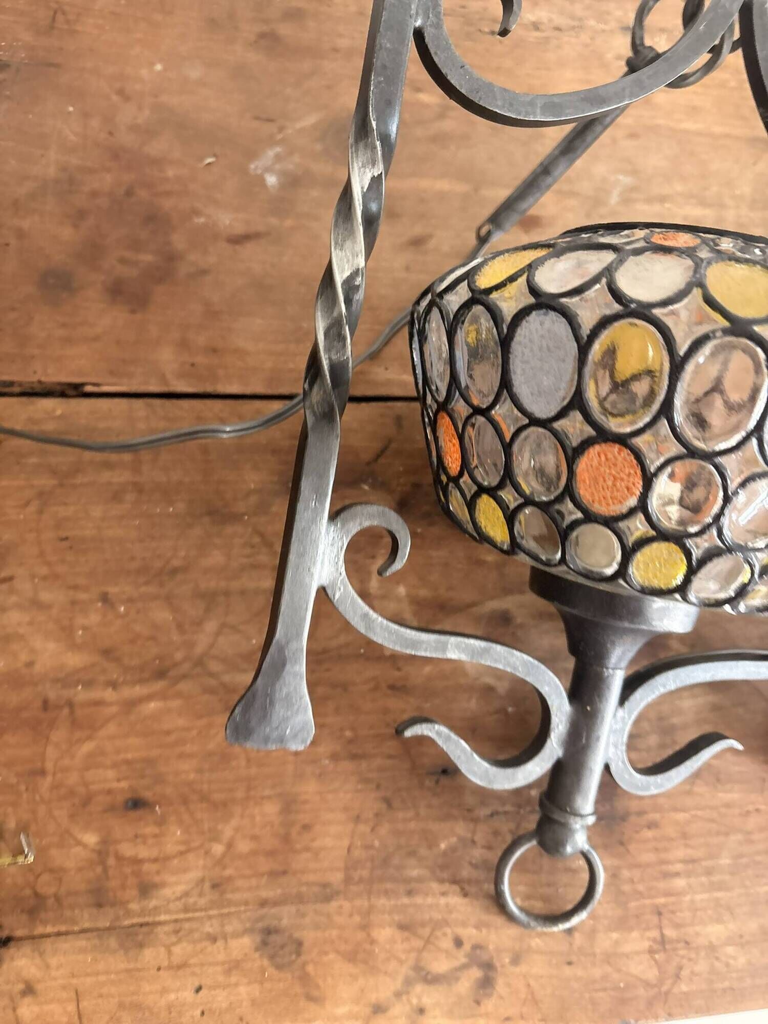Colourful Stained Glass Wall Sconce with Wrought Iron and Cabochons Lamp