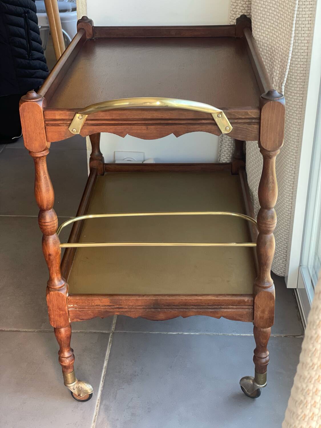 Vintage wooden and gilded brass rolling dessert trolley