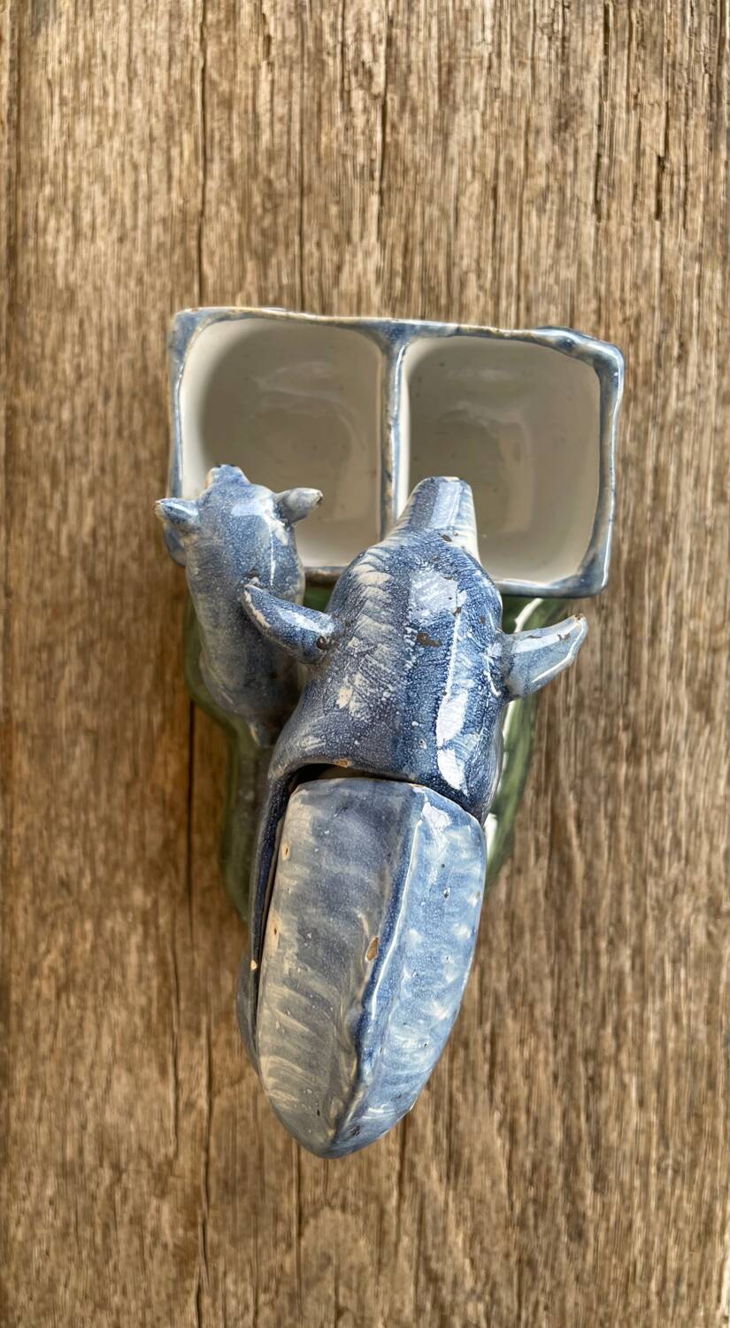 Salt cellar and mustard pot in French faience by A Clement.