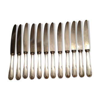 Series of 12 silver metal knives and stainless steel blade Louis XV style floral shell