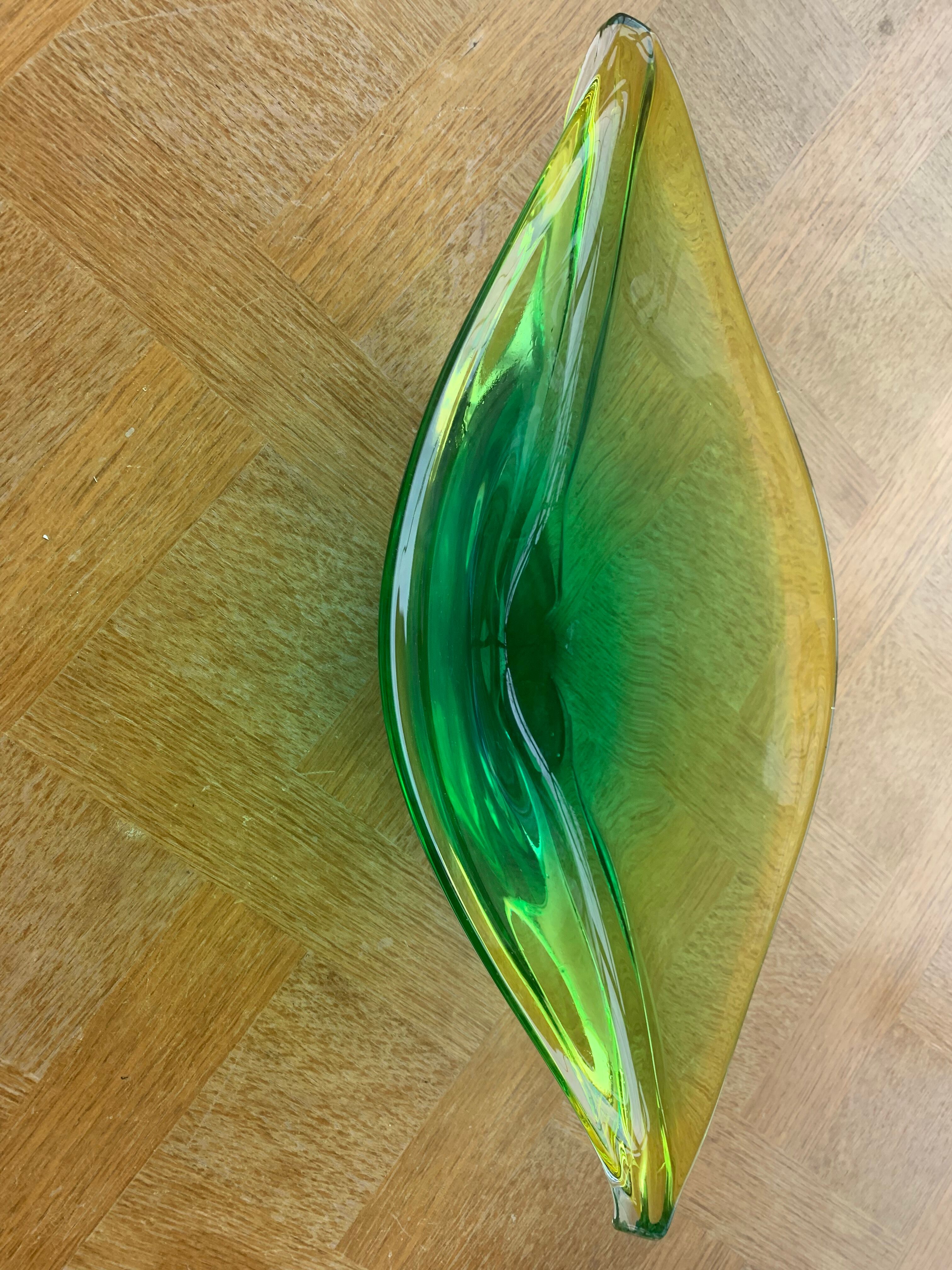 Glass fruit cup in the shape of a vintage yellow green vegetable leaf