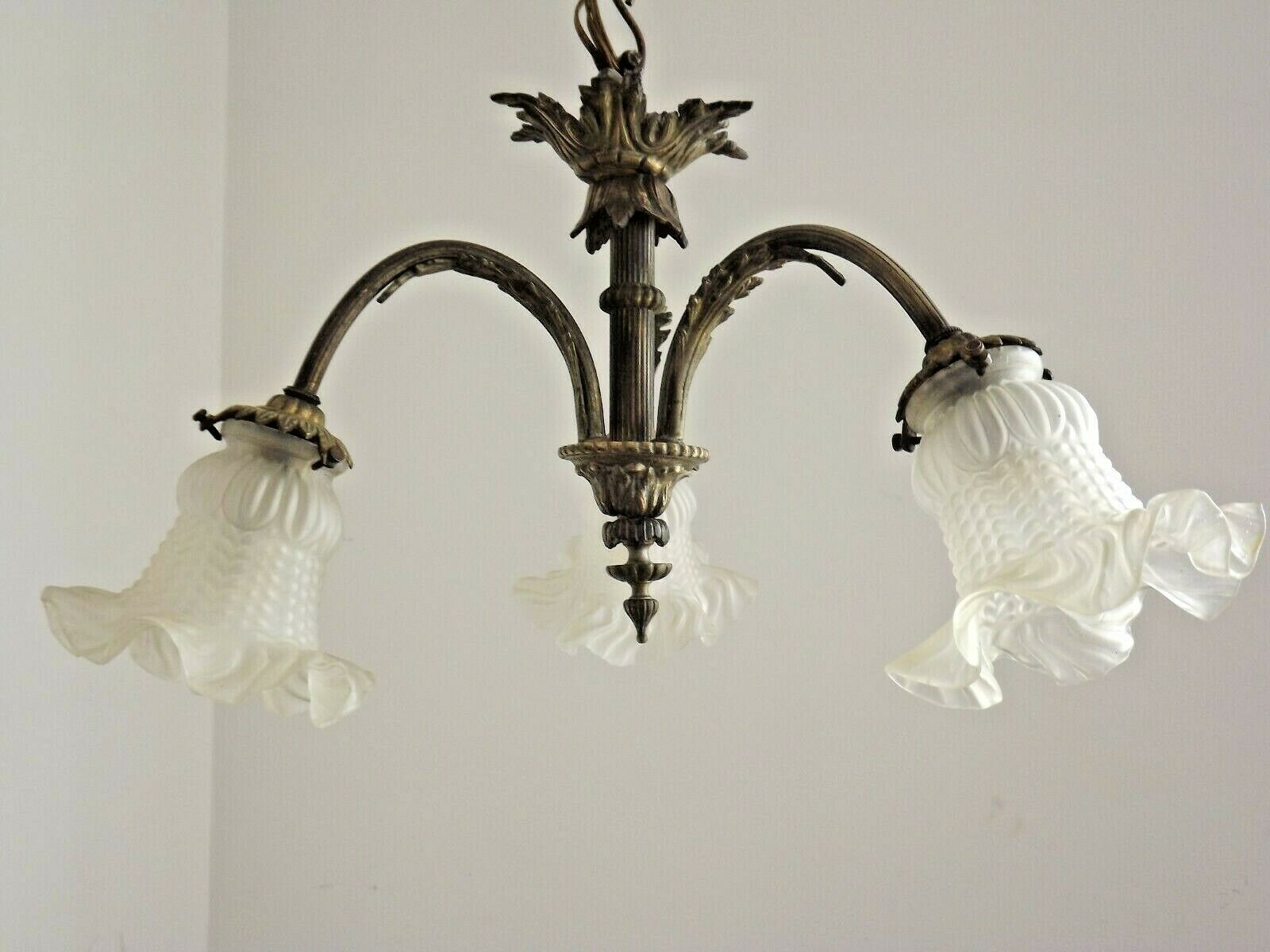French antique bronze 3 light semi flush chandelier opaque patterned shades