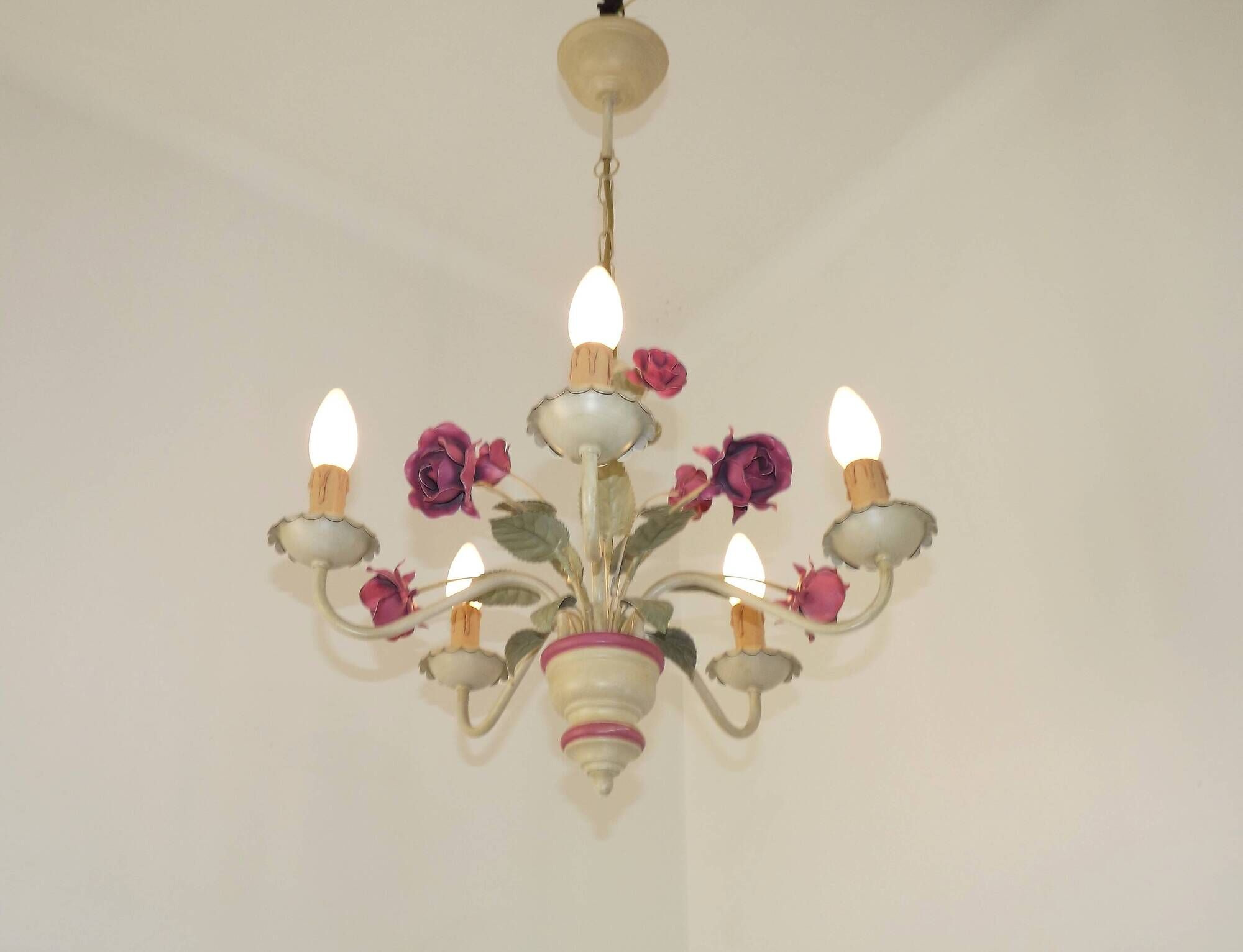 French vintage metal deep pink rose and green leaf 5-light chandelier