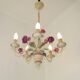 French vintage metal deep pink rose and green leaf 5-light chandelier
