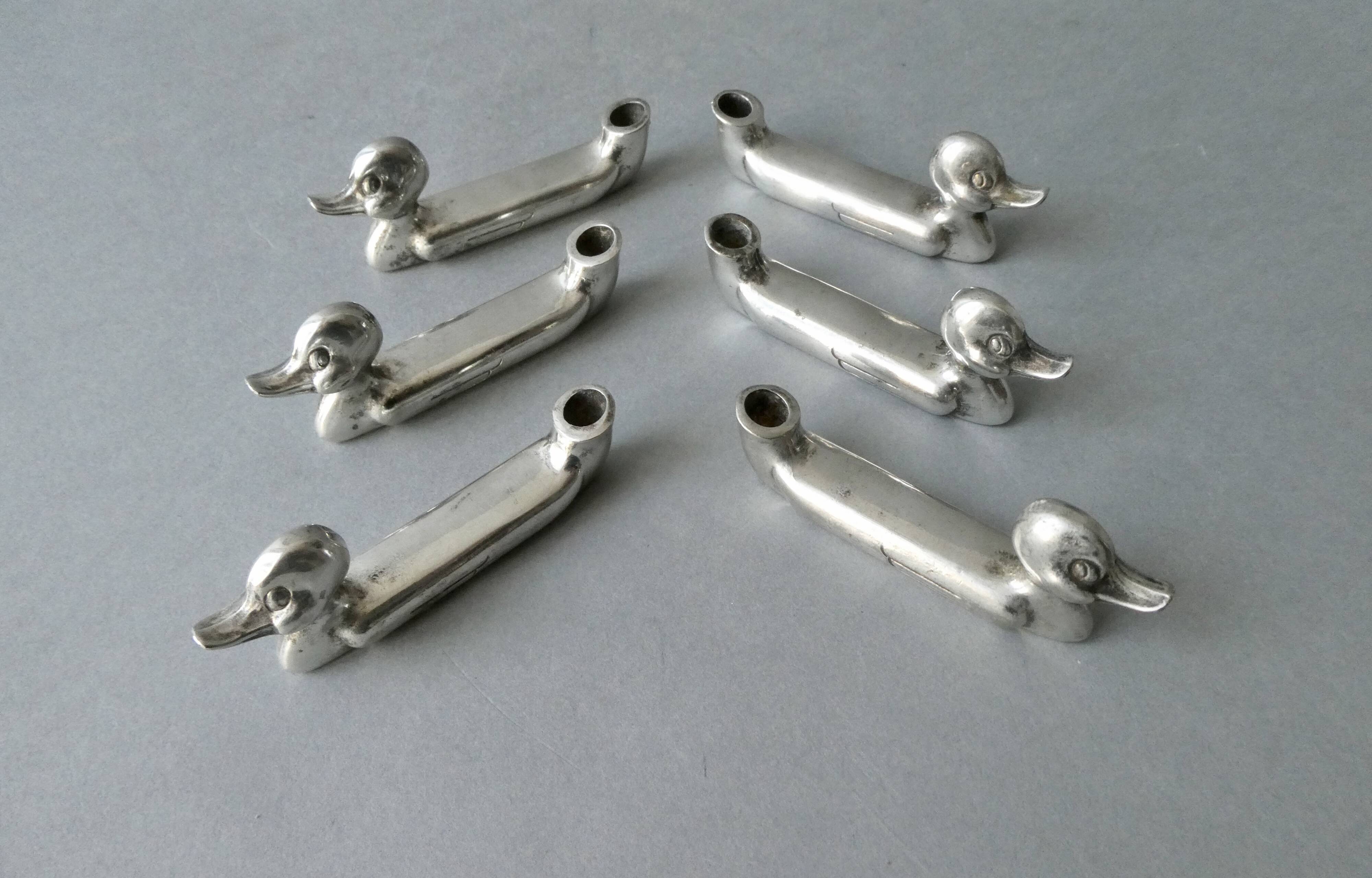 6 duck-shaped knife holders in silver metal with flower holder, Art Deco