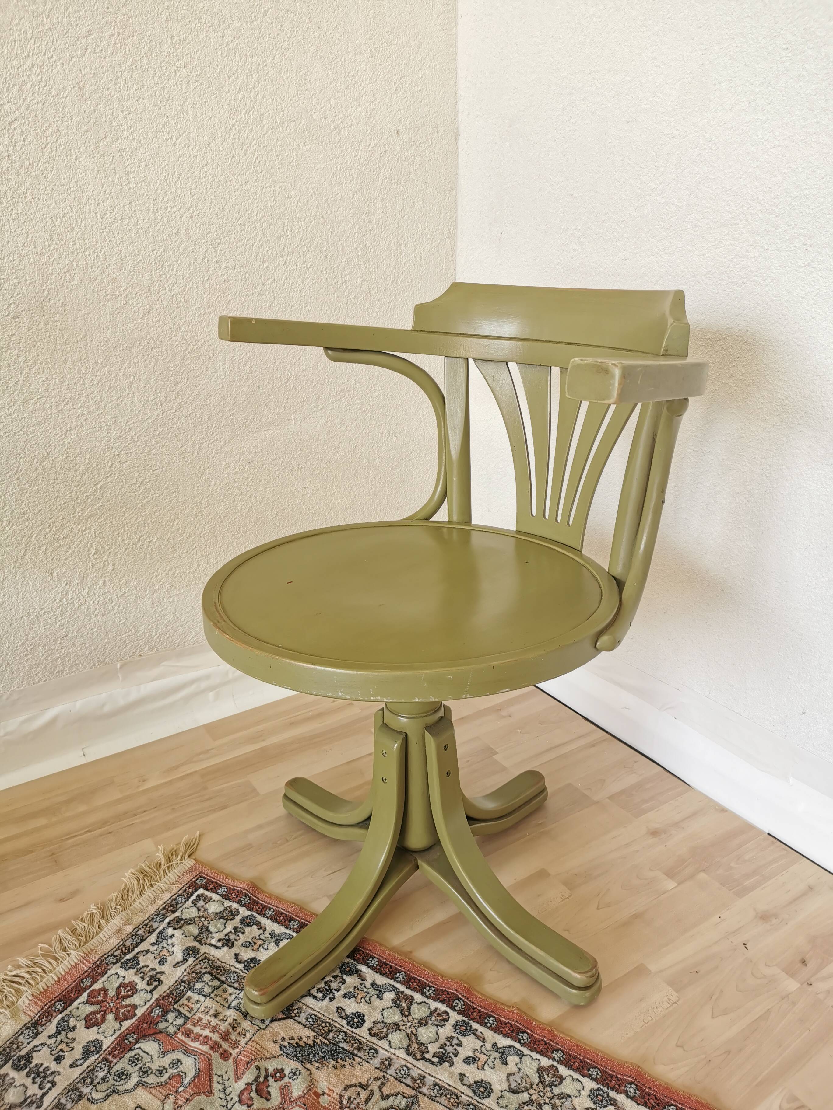 Vintage Thonet Style Bentwood Swivel Chair - Olive Green Retro Armchair