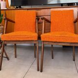 Pair of vintage 60s armchairs in wood and orange bouclé fabric