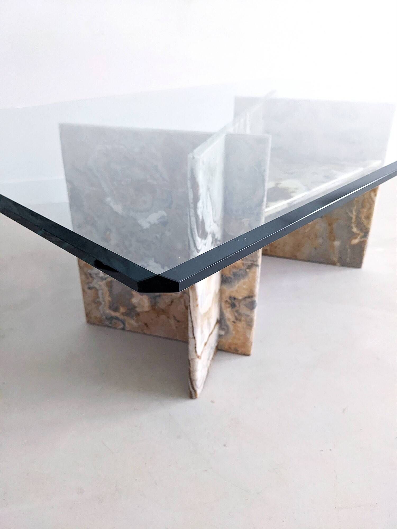 Italian marble coffee table with glass top 1970's