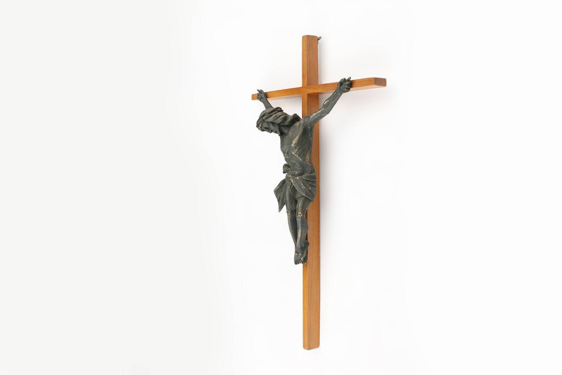 Antique Realistic Wooden Crucifix, France, 1850