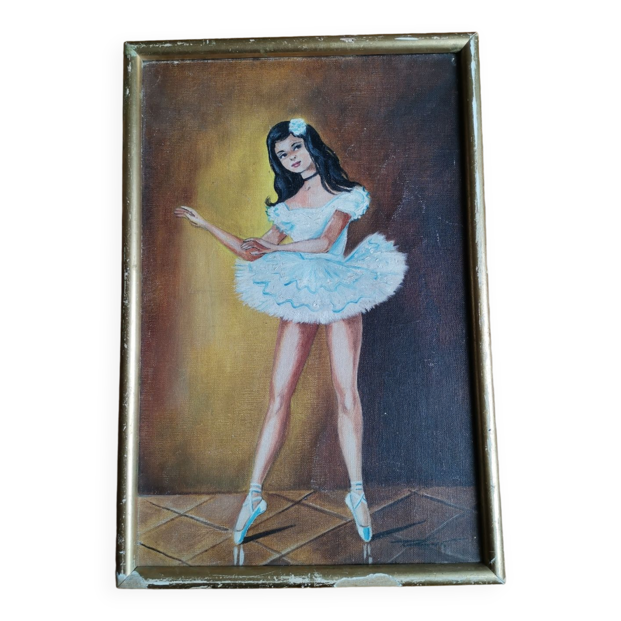 Painting kitsch vintage signed framed frame plaster dore
