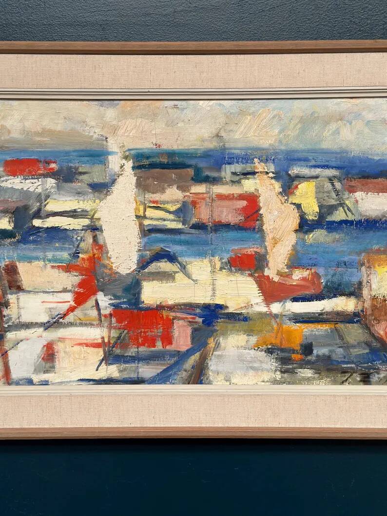 Original Swedish Oil on Canvas - "Abstract Harbour Motif" vintage