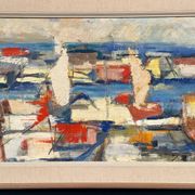 Original Swedish Oil on Canvas - "Abstract Harbour Motif" vintage