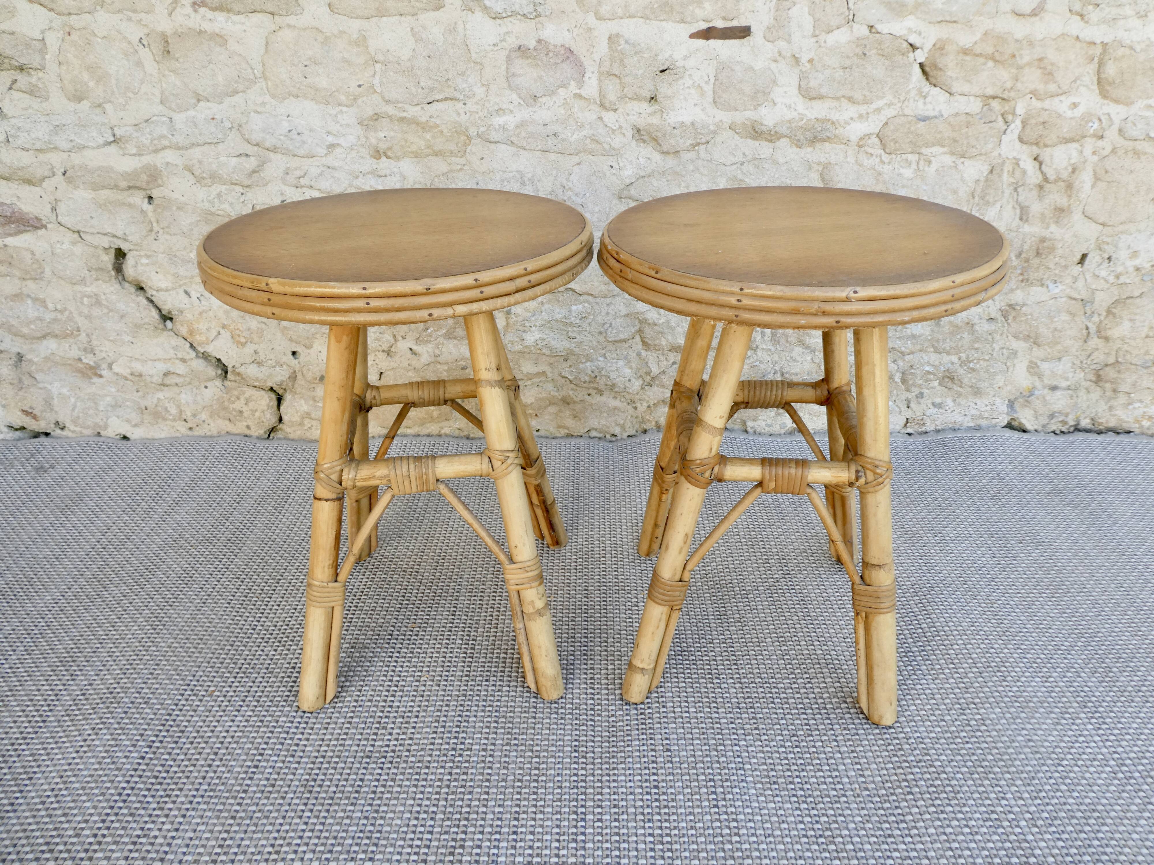 Pair of rattan and wood stools, vintage