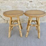 Pair of rattan and wood stools, vintage