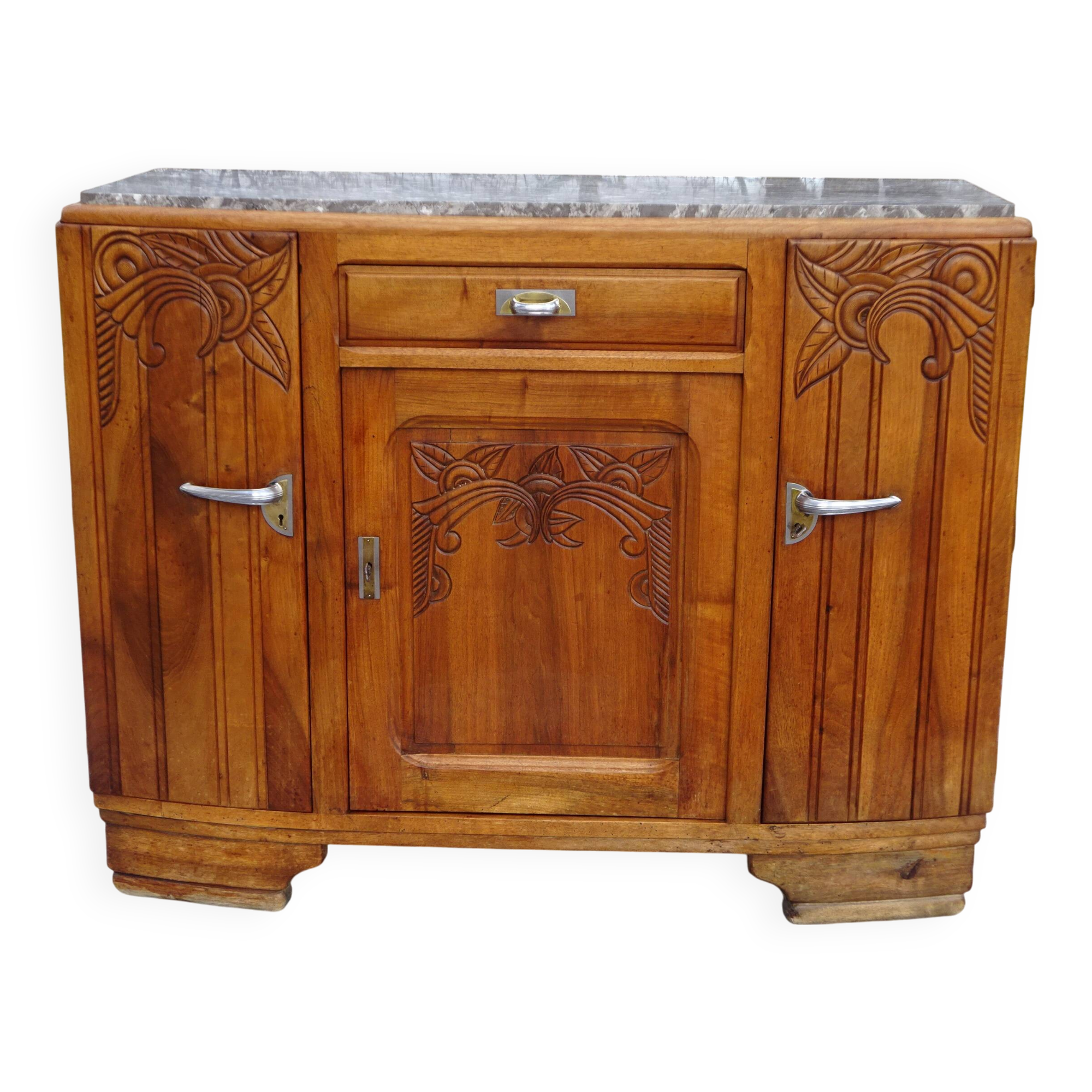 Narrow sideboard, art deco in light walnut, gray marble top