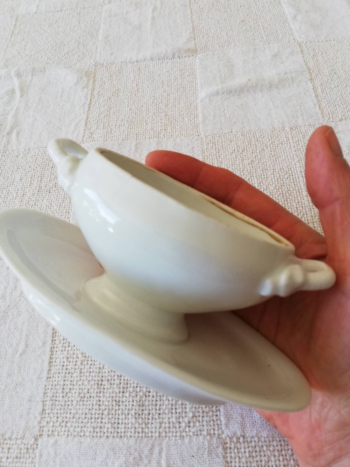 Vintage white earthenware mustard pot or sauce boat.