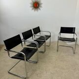 Lot of 4 tubular metal and black leather chairs MG5 Grassi style 70s