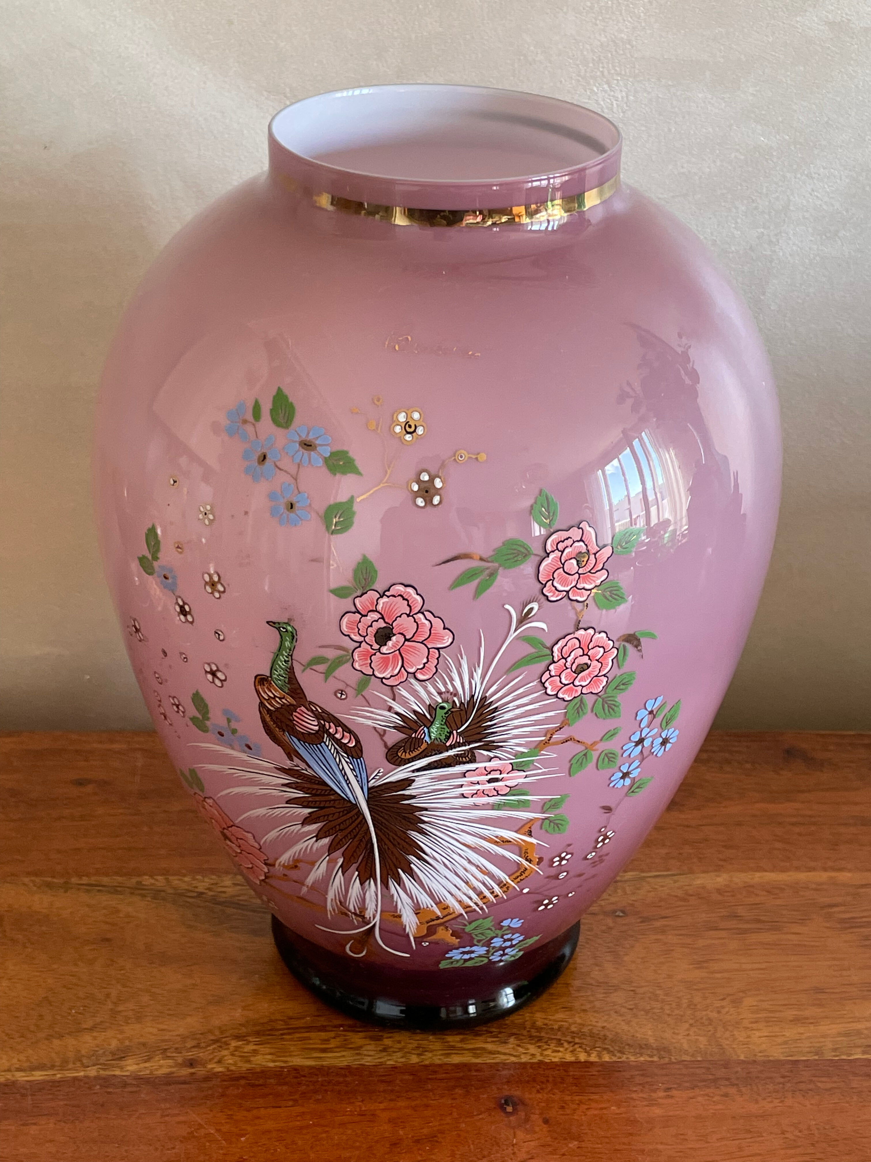 Opaline vase peacock decoration