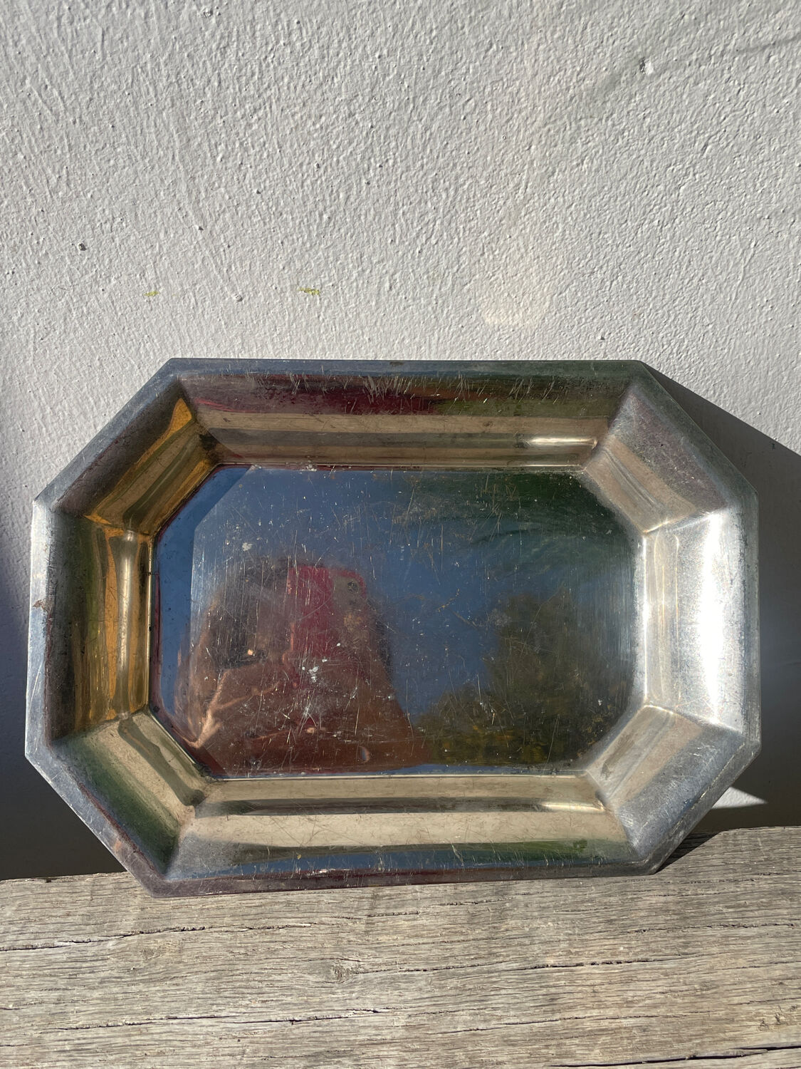 Octagonal silver-plated metal dish