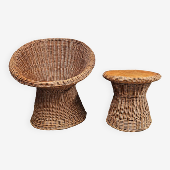 Wicker rattan armchair and small table set from 1970