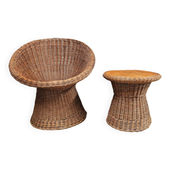 Wicker rattan armchair and small table set from 1970