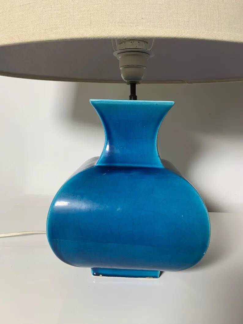 Vintage ceramic lamp Molin Charolles glazed turquoise blue - French 1970s