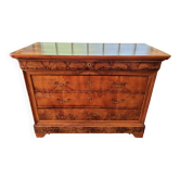 Commode ancienne 4 tiroirs, chêne massif et placage en acajou flammé