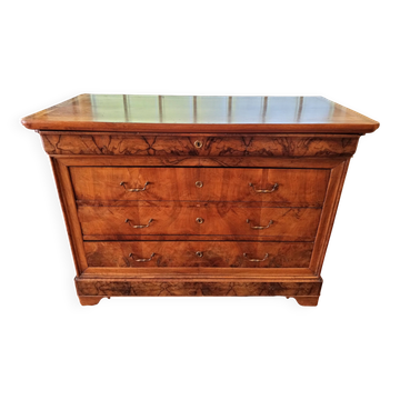 Antique chest of drawers with 4 drawers, solid oak and flame mahogany veneer.