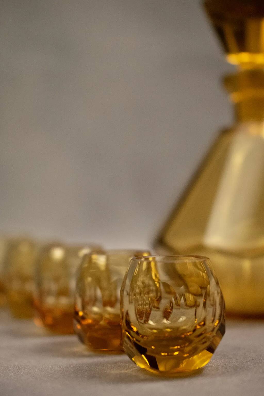 Art Deco Moser liqueur set in frosted orange glass