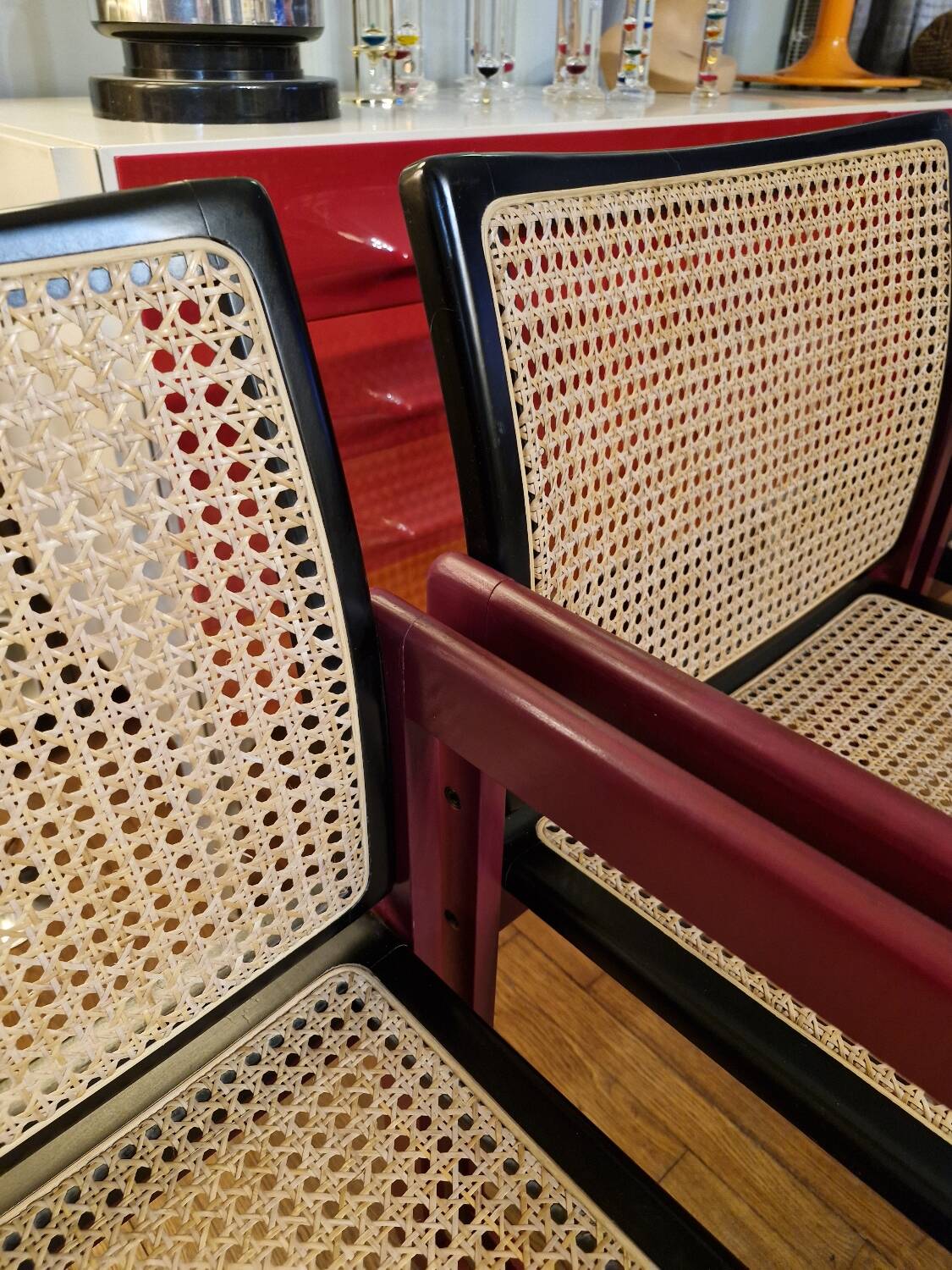 Pascal Mourgue rare set of 3 caned sleigh armchairs in lacquered wood for vintage 80s triconfort