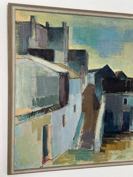 Original Swedish mid-century oil on canvas – “City” by Gustaf Höglund – vintage & framed – 80 × 70 cm
