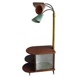 Illuminated cocktail cabinet in brown walnut and brass, multicoloured lampshades, 1950s.