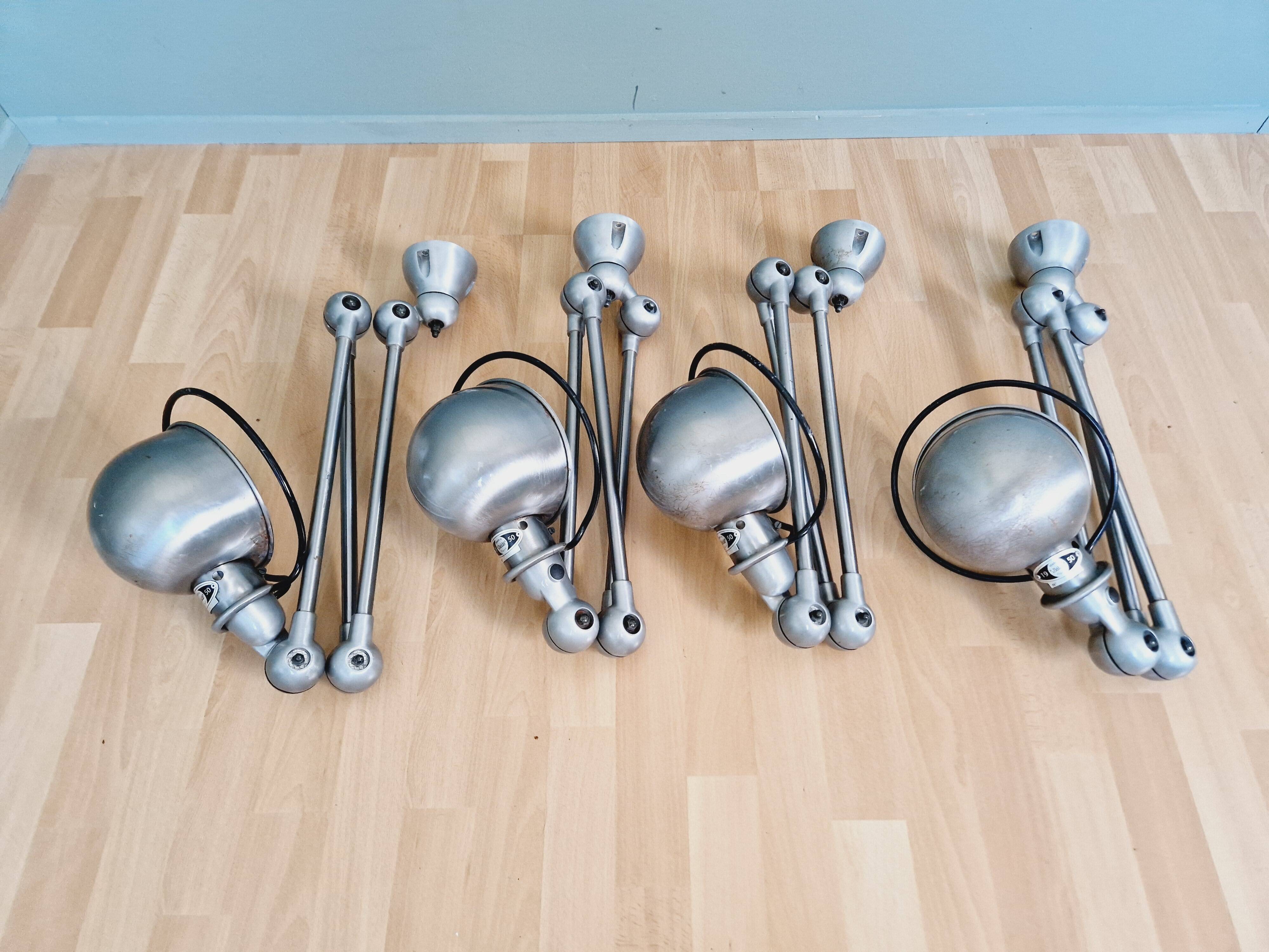Set of 4 Jieldé industrial lamps in brushed steel, 3 arms