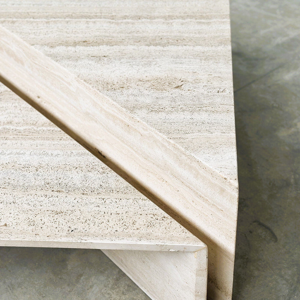 Up & Up large Italian Brutalist travertine coffee table, two-piece geometric mod