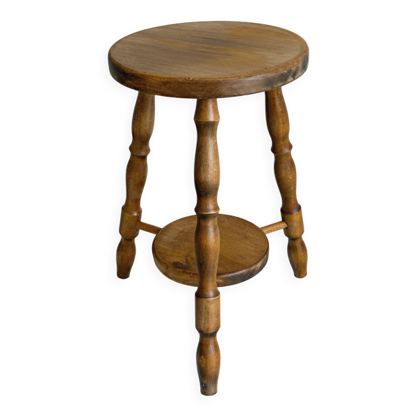 Tabouret vintage en bois tourné avec tablette basse
