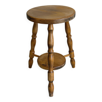 Tabouret vintage en bois tourné avec tablette basse