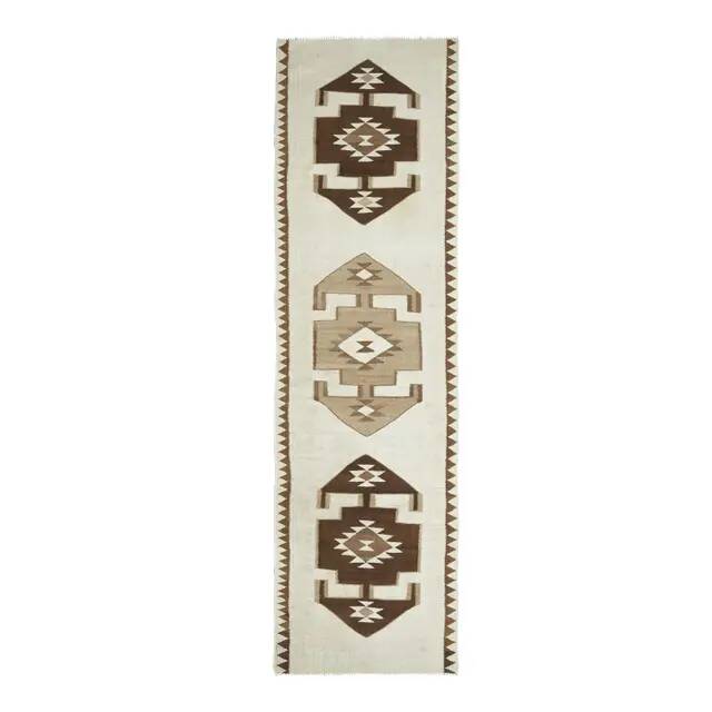 1970s Vintage Turkish Hand-Knotted Wool Cotton Beige Runner Rug 96x343