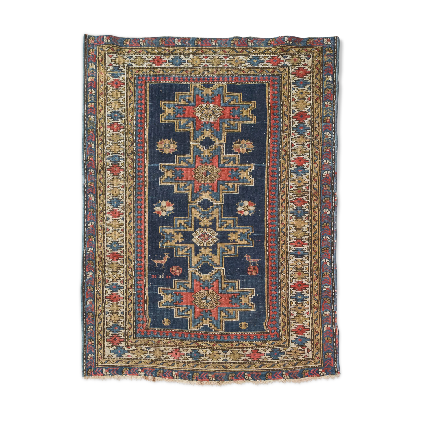 Handwoven blue ground persian rug with bird-like figures